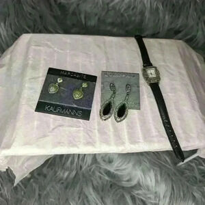 Kaufmann's Marcasite Jewelry Lot Earrings And Watch Leather Strap